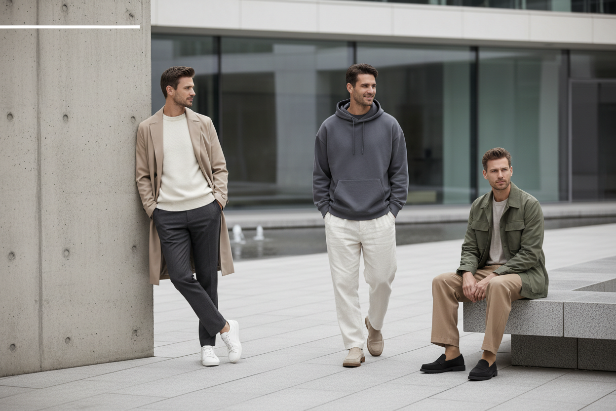 A simple street fashion banner showcasing male models in modern casual clothing within a calm urban environment. Neutral tones, soft diffused light, relaxed poses, clean composition, high-end editorial photography look, spacious layout for text overlay, 3645x2048 aspect ratio.